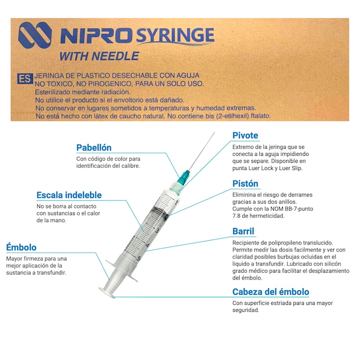 Jeringas de plástico 3 ml con aguja 21Gx32mm. Caja con 100 piezas. NIPRO  