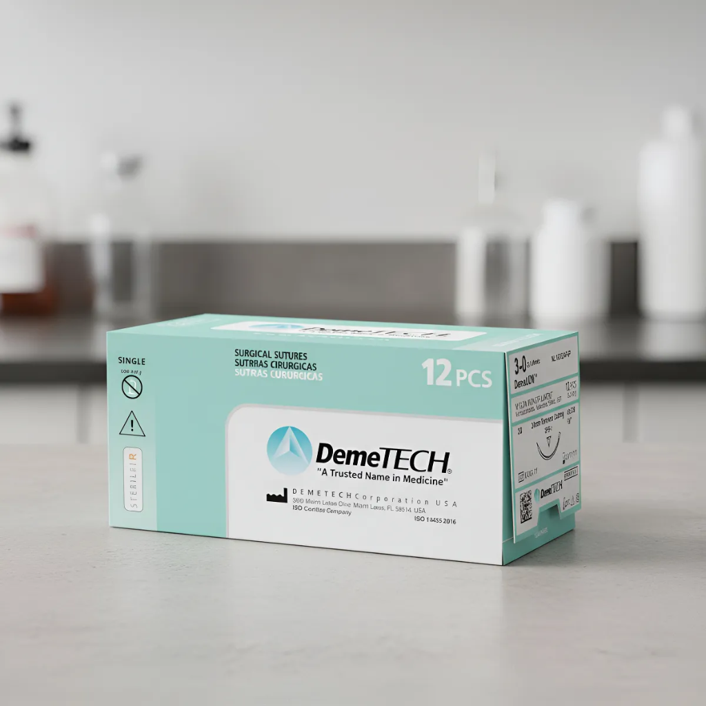 Sutura Nylon 3-0 aguja Reverso Cortante 24 mm 3/8 circulo hebra de 45 cm color Negro. Caja con 12 piezas.