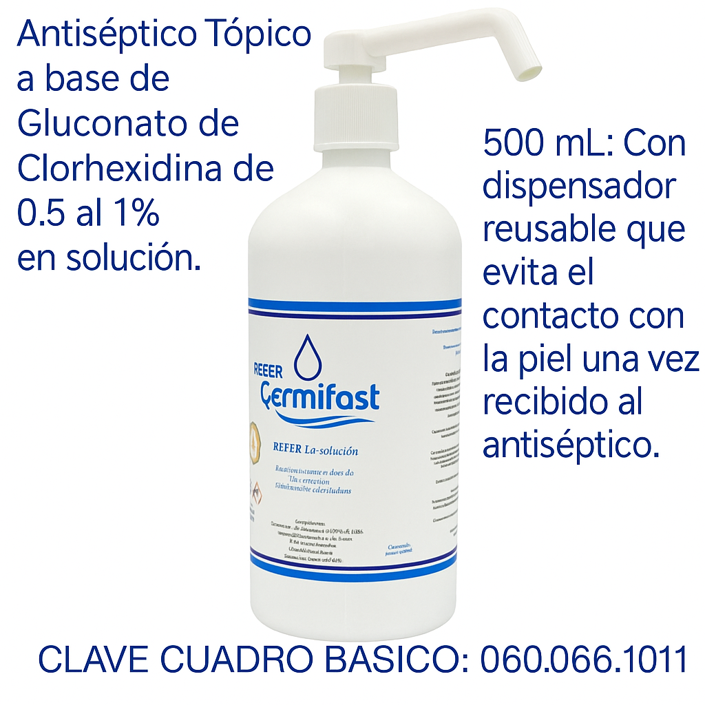 Antiséptico gluconato de clorhexidina y alcohol etílico 500 ml.