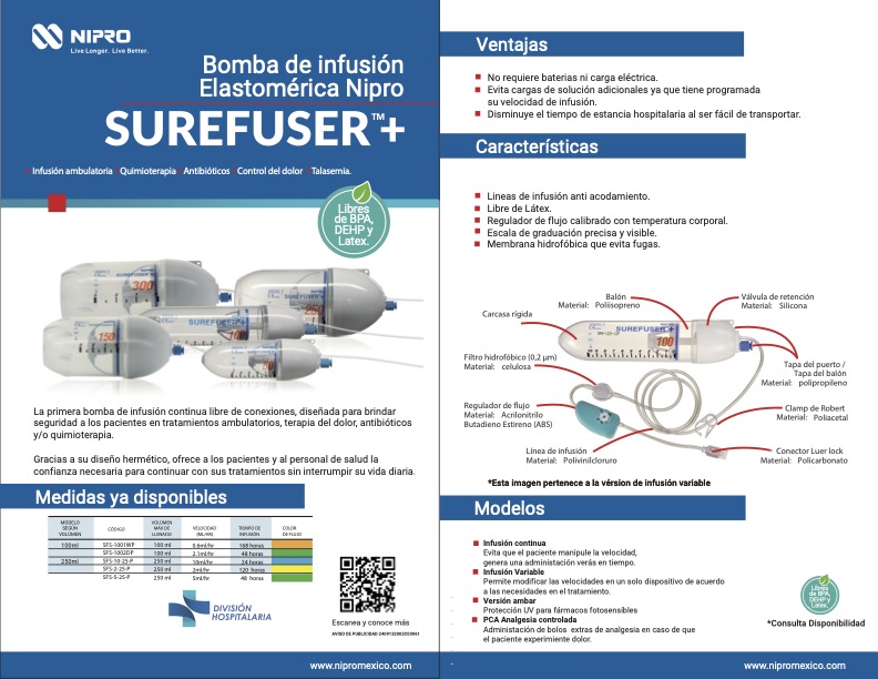 Bomba de Infusión continua a largo plazo, volumen 100 ml,  flujo 2.1 mL/hr NIPRO