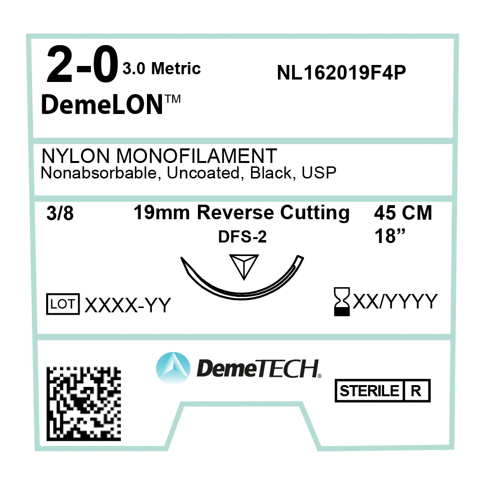 Sutura Nylon 2-0 aguja Reverso Cortante 19 mm 3/8 circulo hebra de 45 cm color Negro. Caja con 12 piezas. 