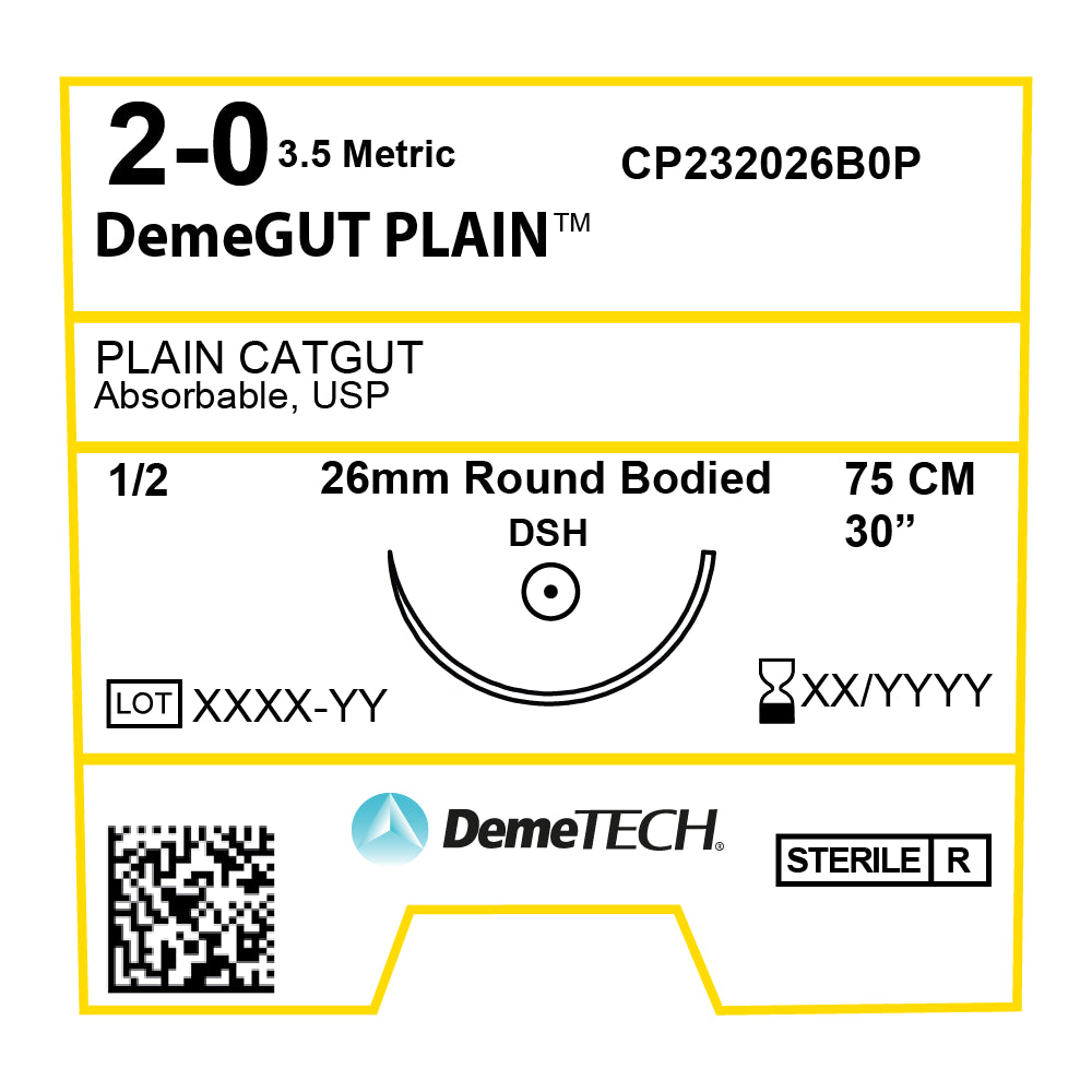 Sutura Catgut Simple 2-0 aguja Ahusada 26 mm 1/2 circulo hebra de 75 cm color amarillo 1221320
