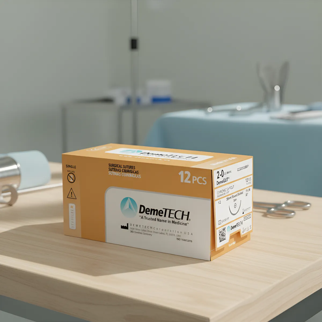 Sutura Catgut Cromico 2-0 aguja Ahusada de 26 mm 1/2 circulo hebra de 75 cm color café. Caja con 12