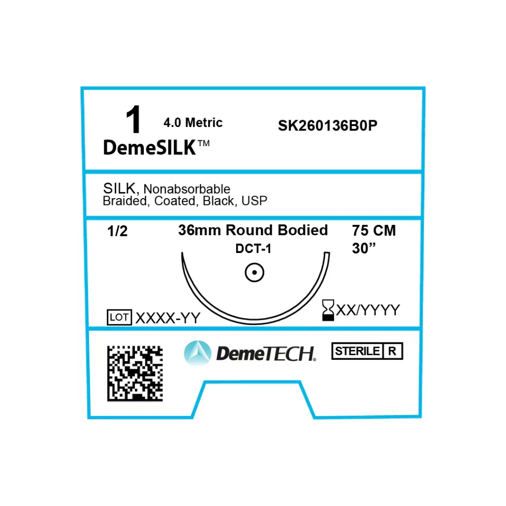 Sutura seda negra trenzada 1 Longitud 75 cm con aguja 1/2 círculo ahusada 36 mm. Envase con 12 piezas.