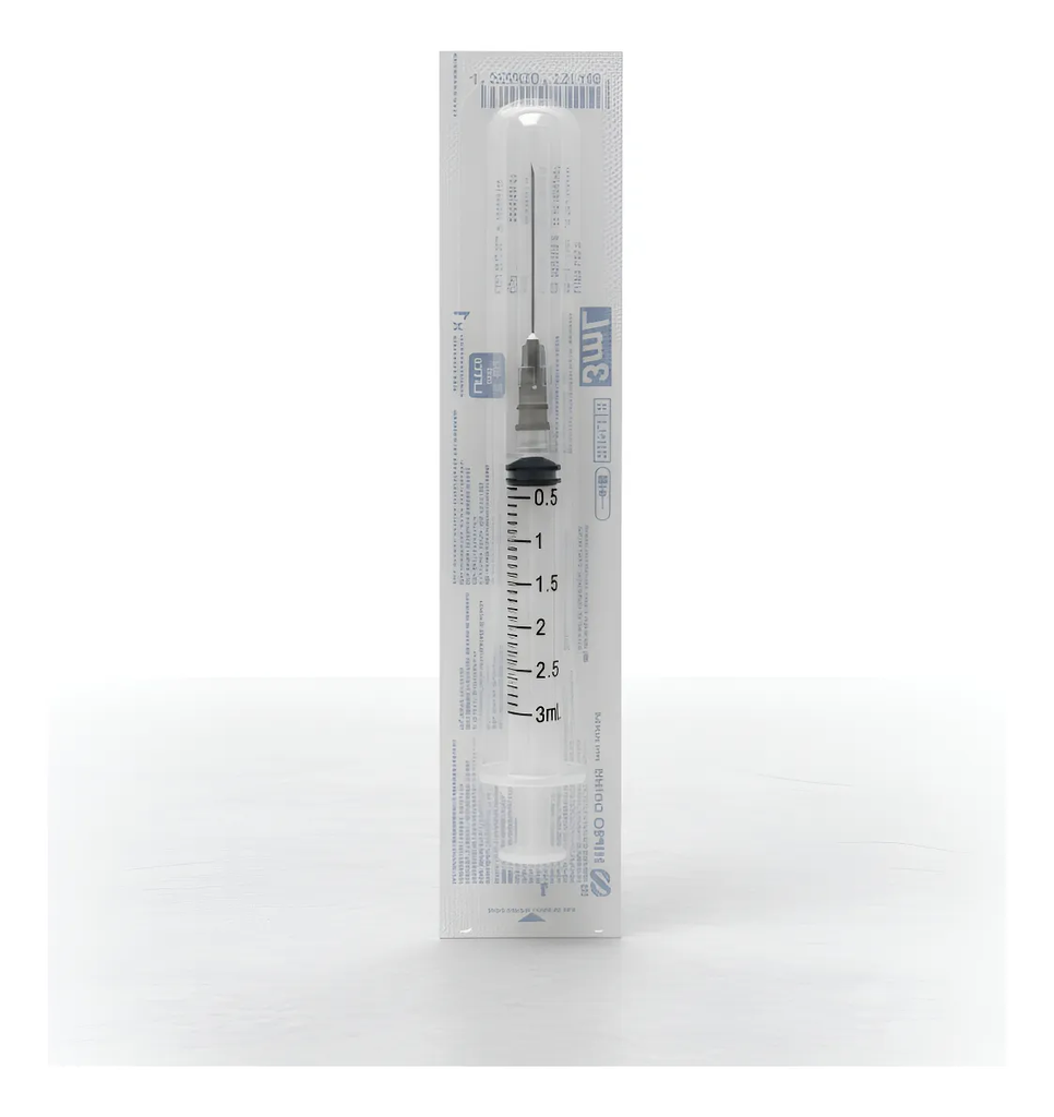 Jeringas de plástico 3 ml con aguja 22G x 32mm. Caja con 100 piezas. NIPRO   