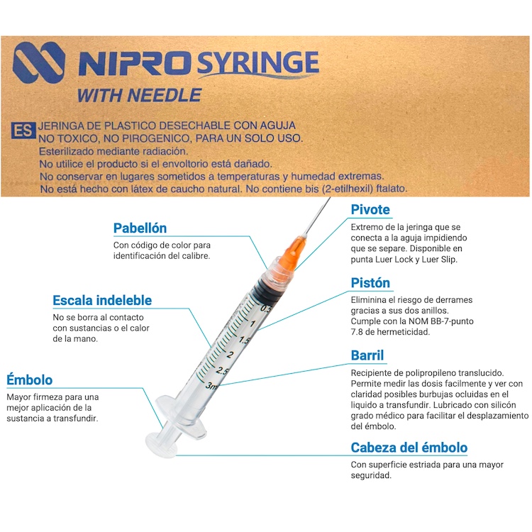 Jeringas de plástico 3 ml con aguja 25Gx16mm. Caja con 100 piezas. NIPRO