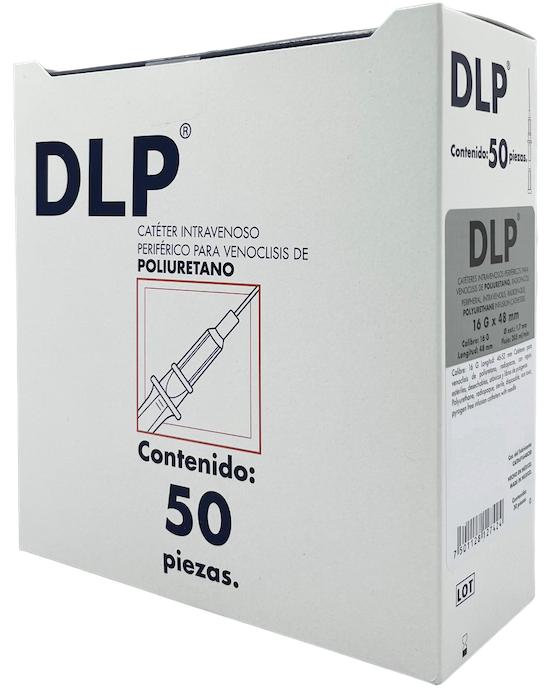 Catéter para venoclisis de Fluoropolímeros Radiopaco Longitud: 46-52 mm Calibre: 16 G. Envase con 50 piezas. DLP