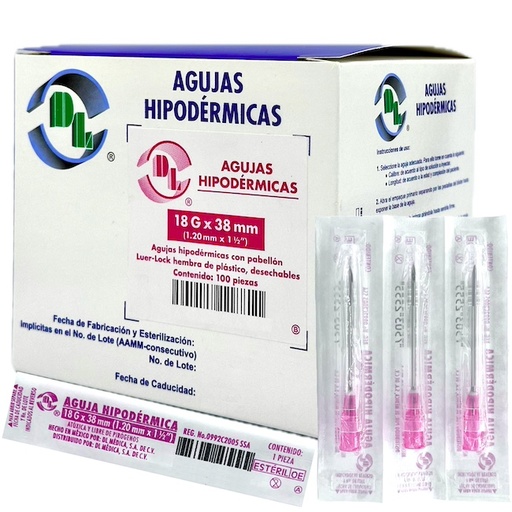 Aguja Hipodérmica DL calibre 18Gx38mm. Rosa Caja con 100 piezas.