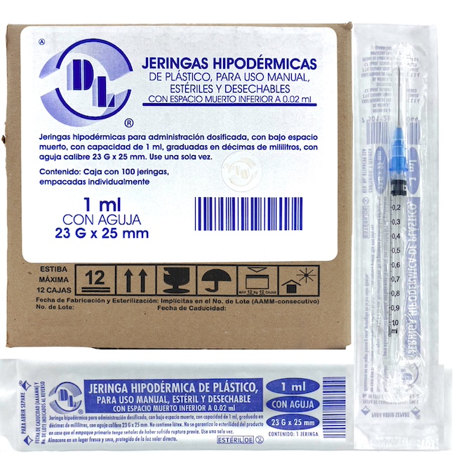 Jeringa de plástico 1 ml con aguja 23 Gx25 mm Bajo espacio muerto Caja con 100 piezas.