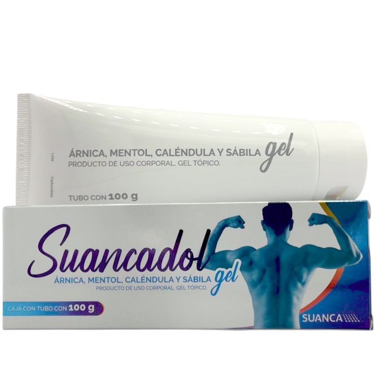 Suancadol Gel corporal con extracto de árnica, Mentol, Calendula y Sábila. Tubo 100 gr.