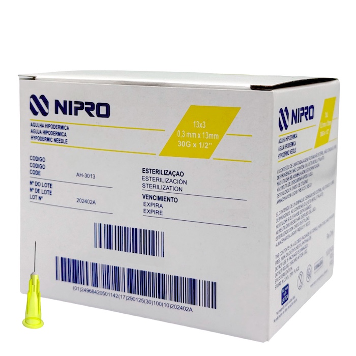Aguja Hipodérmica 30G x 13mm (1/2”) color Amarillo NIPRO Caja con 100 Piezas
