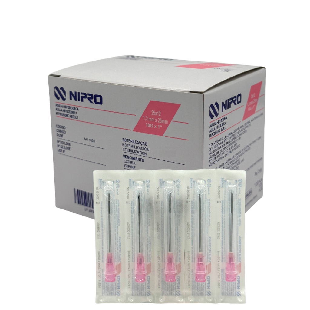 Aguja Hipodérmica 18G x 25mm (1”) Rosa NIPRO Caja con 100 Piezas