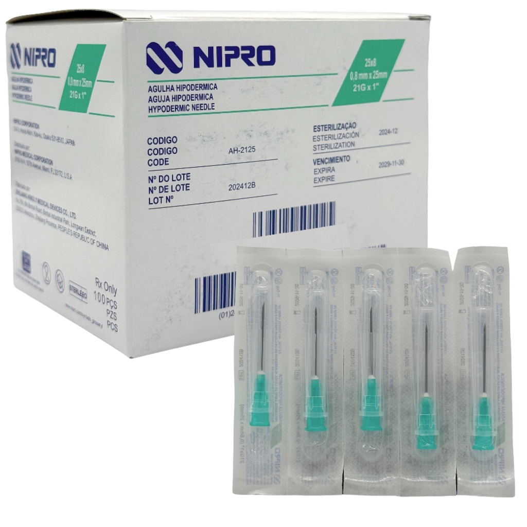 Aguja Hipodérmica 21G x 25mm (1”) Verde NIPRO Caja con 100 Piezas