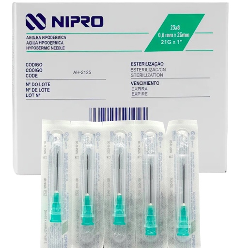 Aguja Hipodérmica 21G x 25mm (1”) Verde NIPRO Caja con 100 Piezas
