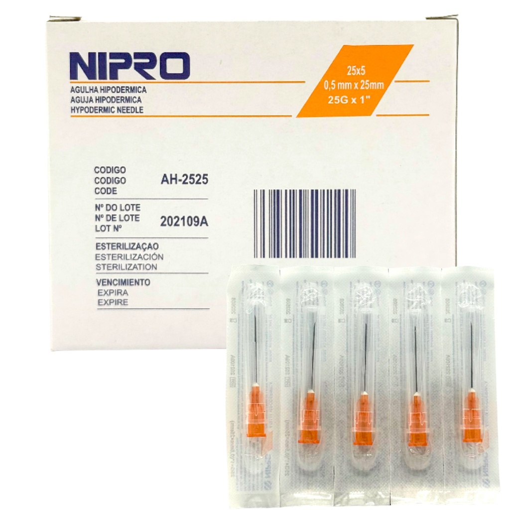 Aguja Hipodérmica 25G x 25mm (1”) Naranja NIPRO Caja con 100 Piezas