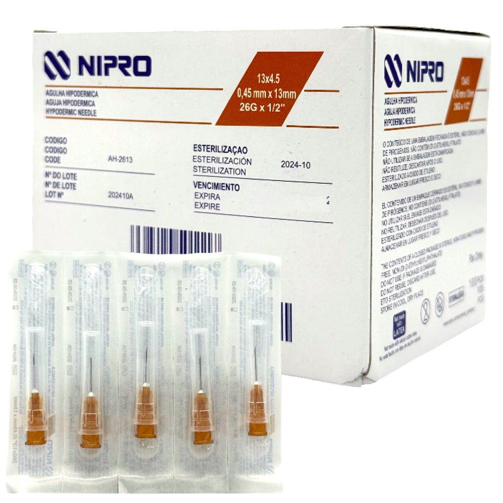 Aguja Hipodérmica 26G x 13mm (1/2”) Café NIPRO Caja con 100 Piezas