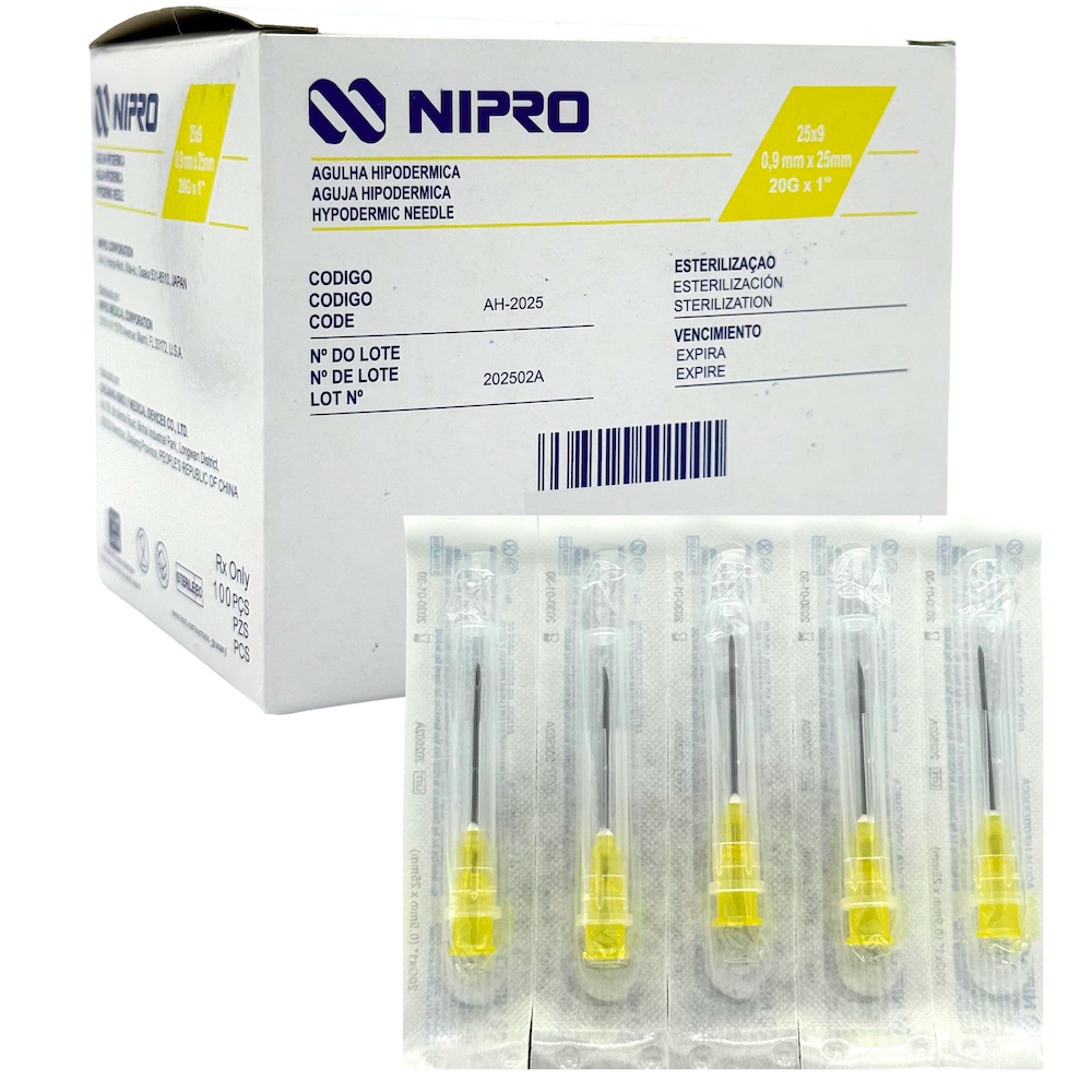 Aguja Hipodérmica 20G x 32mm (1 1/4”) Amarillo NIPRO Caja con 100 Piezas