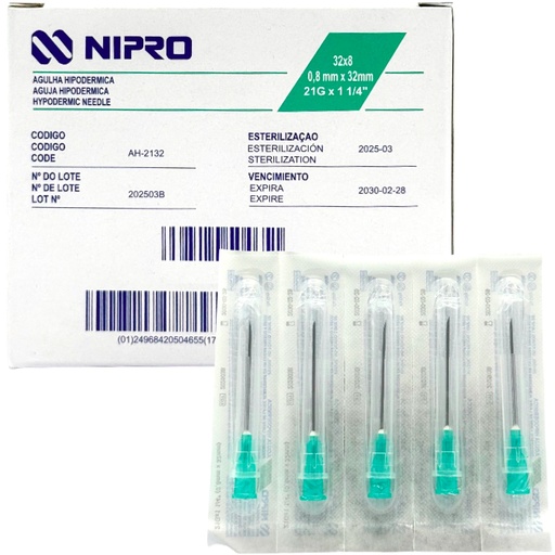 Aguja Hipodérmica 21G x 32mm (1 1/4”) Verde NIPRO Caja con 100 Piezas