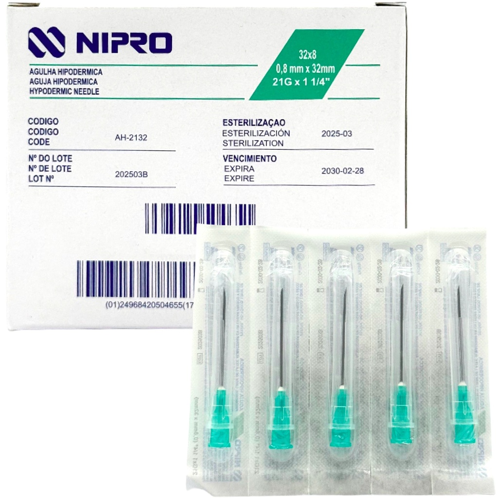 Aguja Hipodérmica 21G x 32mm (1 1/4”) Verde NIPRO Caja con 100 Piezas
