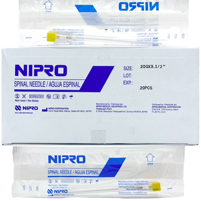 Aguja espinal 20G x 3-1/2” punta cortante tipo Quincke. Caja Con 20 Piezas. NIPRO