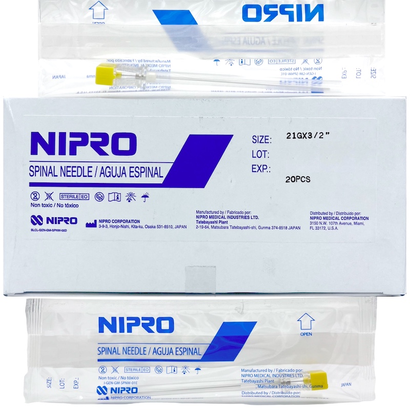 Aguja espinal 21G x 3/2” punta cortante tipo Quincke. Caja Con 20 Piezas. NIPRO