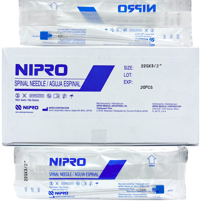 Aguja espinal 22G x 3/2” punta cortante tipo Quincke. Caja Con 20 Piezas. NIPRO