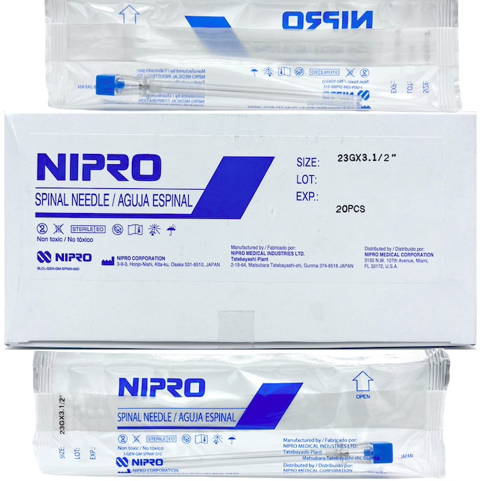 Aguja espinal 23G x 3-1/2” con punta cortante tipo Quincke. Caja Con 20 Piezas. NIPRO