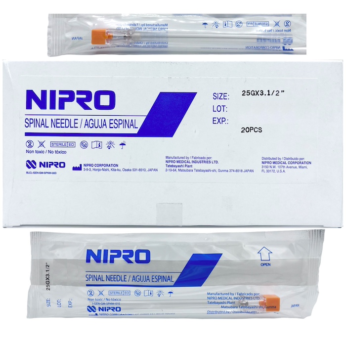 Aguja espinal 25G x 3-1/2” punta cortante tipo Quincke. Caja Con 20 Piezas. NIPRO