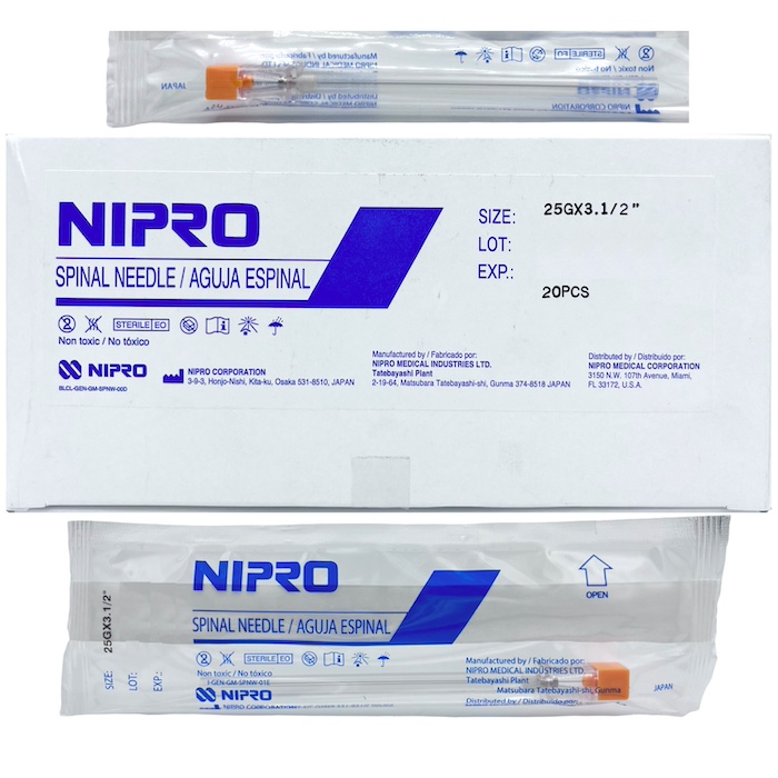 Aguja espinal 25G x 3.1/2” punta cortante tipo Quincke. Caja Con 20 Piezas. NIPRO