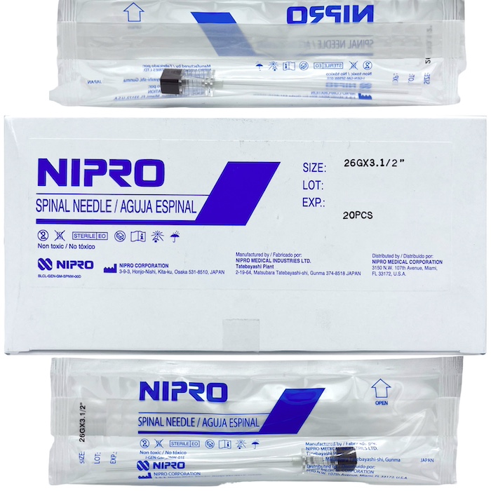 Aguja espinal 26G x 3-1/2” punta cortante tipo Quincke. Caja Con 20 Piezas. NIPRO