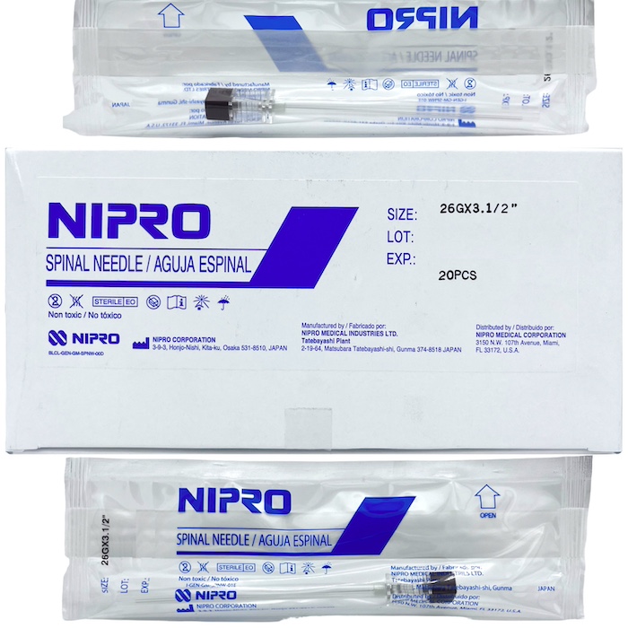 Aguja espinal 26G x 3.1/2” punta cortante tipo Quincke. Caja Con 20 Piezas. NIPRO