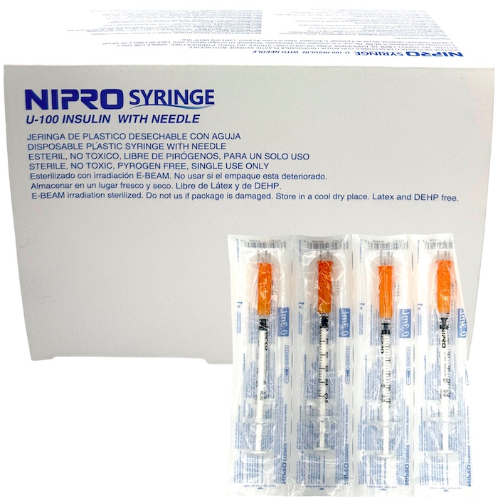 Jeringa para insulina de 0.3 Ml con Aguja fija 30G x 8mm NIPRO Caja con 100 Piezas