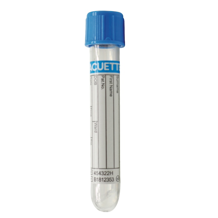 Tubo de PET 2 ml. Aditivo Citrato de sodio 3.2%. Tapón Azul con anillo blanco. Empaque con 50 pzs. NIPRO