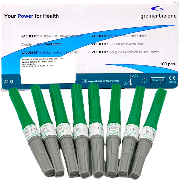 Aguja para toma múltiple o sencilla 21G X 38 mm (1 1/") Verde caja con 100 Piezas NIPRO