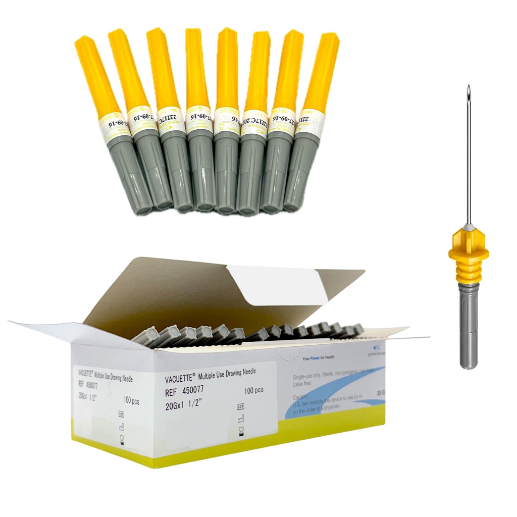 Aguja para toma múltiple o sencilla 20G X 38 mm (1 1/2”) Amarilla Caja con 100 Piezas NIPRO