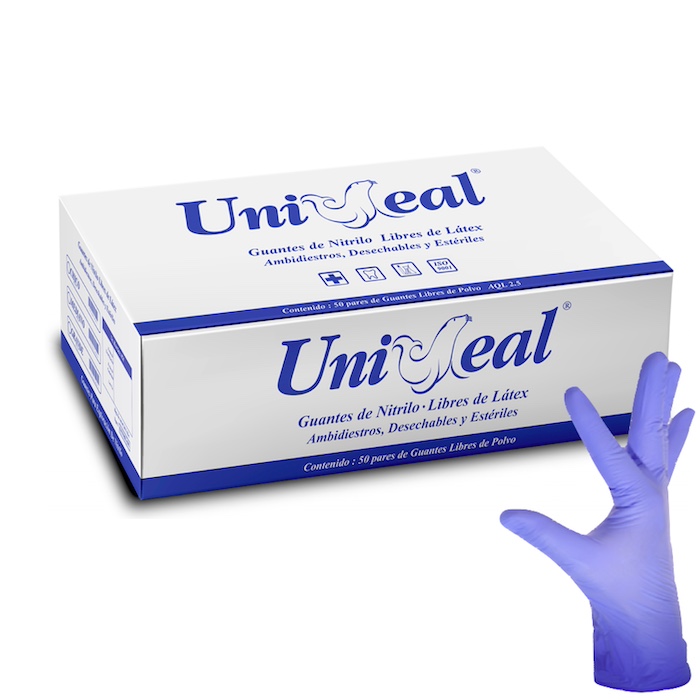 Guante Nitrilo Estéril UNISEAL Para examen Libre de Polvo Texturizado color Lila Talla Grande, Caja con 50 pares. 