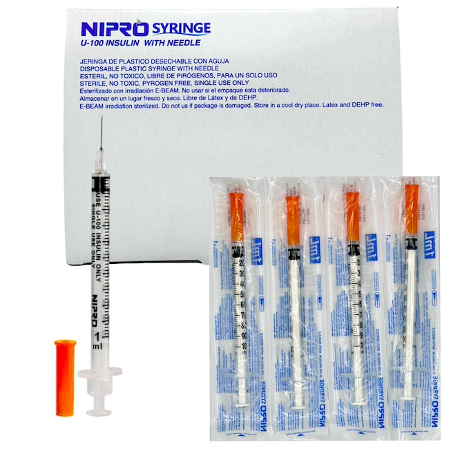 Jeringa para insulina de 1 mL con Aguja 31G x 6mm NIPRO Caja con 100 Piezas 