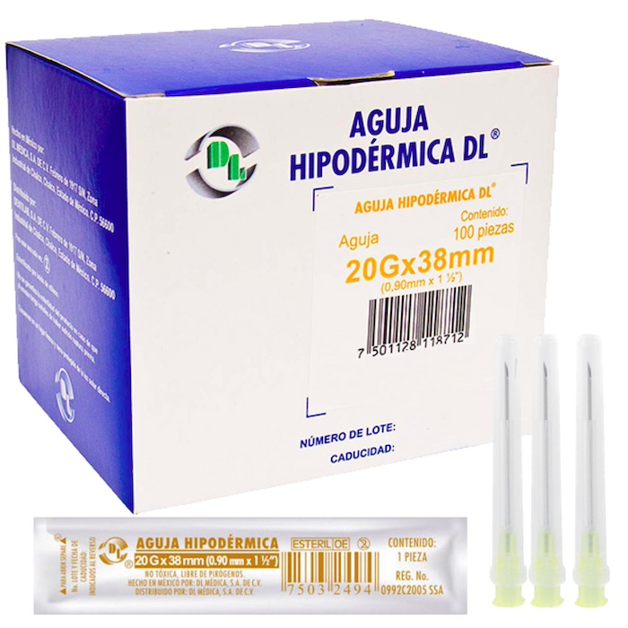 Aguja Hipodérmica DL calibre 20Gx38mm. Amarilla Caja con 100 piezas. Sector Salud