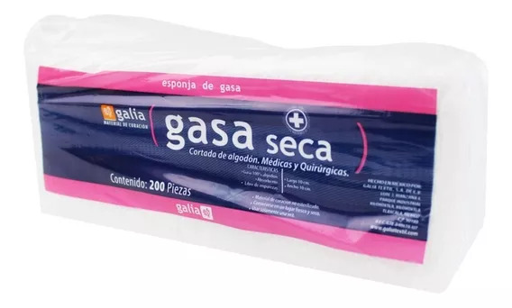 Gasa seca cortada no estéril 10 cm x 10 cm de 8 capas. Paquete con 200 GALIA