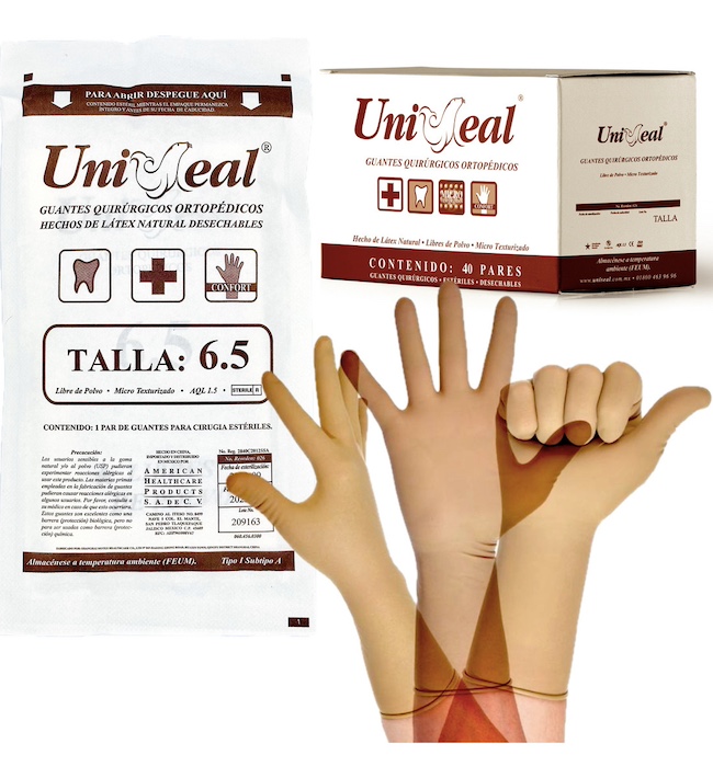 Guante Quirúrgico Ortopédico de Látex color café. Talla 6.5 Caja con 40 pares Uniseal