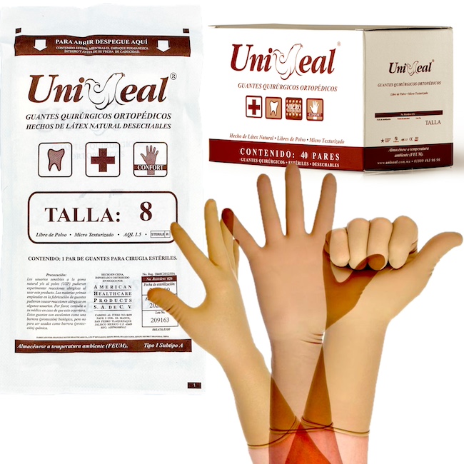 Guante Quirurgico Ortopédico de Látex color café. Talla 8 Caja con 40 pares Uniseal