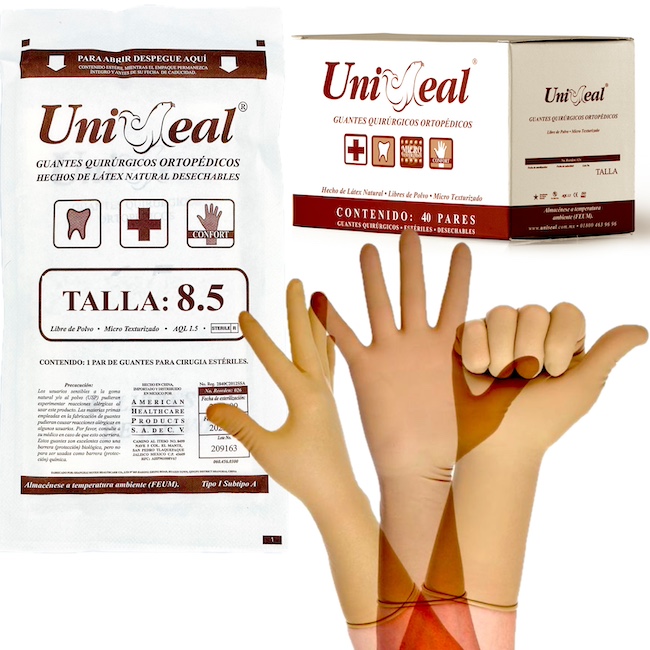 Guante Quirúrgico Ortopédico de Látex color café. Talla 8.5 Caja con 40 pares Uniseal