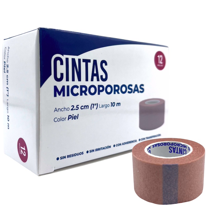 Cinta Microporosa de tela no tejida 2.5 cm x 10 mts. Caja con 12 Piezas Color Piel CODIFARMA 