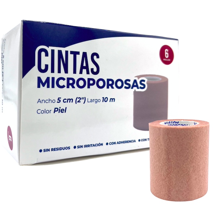 Cinta Microporosa de tela no tejida 5 cm x 10 mts. Caja con 6 Piezas Color Piel CODIFARMA