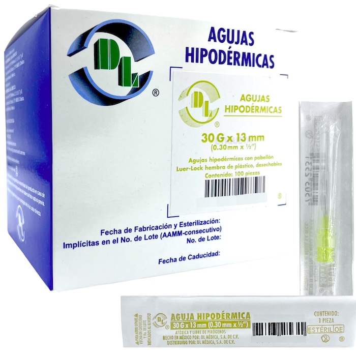 Aguja Hipodérmica DL calibre 30Gx13mm. Caja con 100 piezas. 