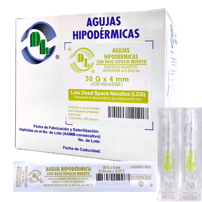 Aguja Hipodérmica DL calibre 30Gx4mm. Bajo espacio muerto menos de 0.010 ml Caja con 100 piezas. 