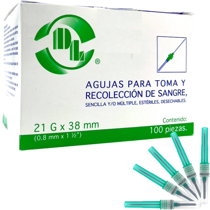 Aguja para toma y recolección de sangre Vacusystem Desechable  21G X 38 mm (1 1/2”) Verde Caja con 100 Piezas DL