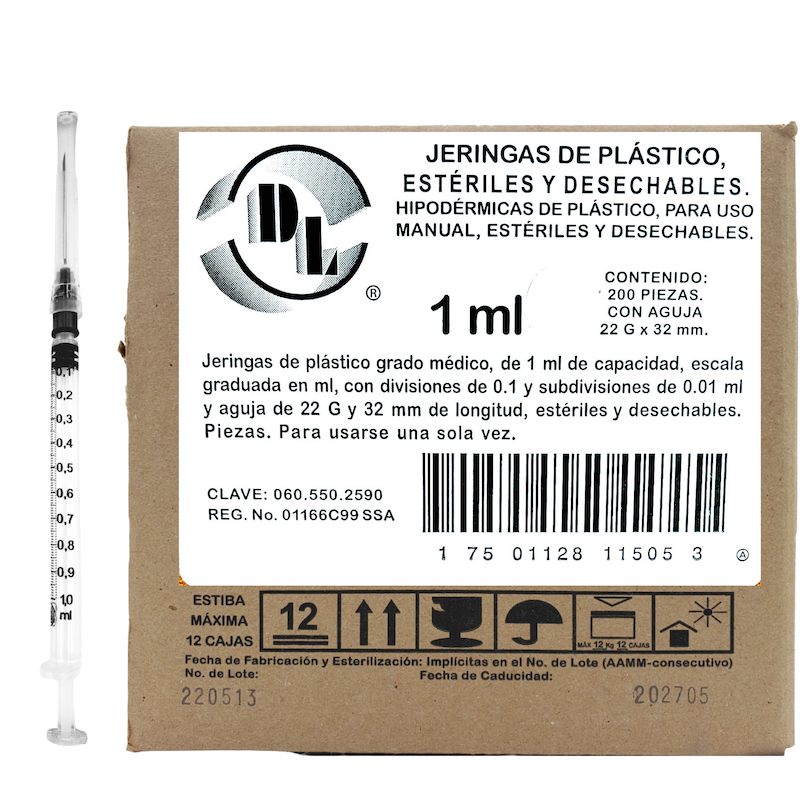 Jeringas de plástico 1 ml con aguja calibre 22 G x 32 mm.  Caja C/ 200 Piezas.