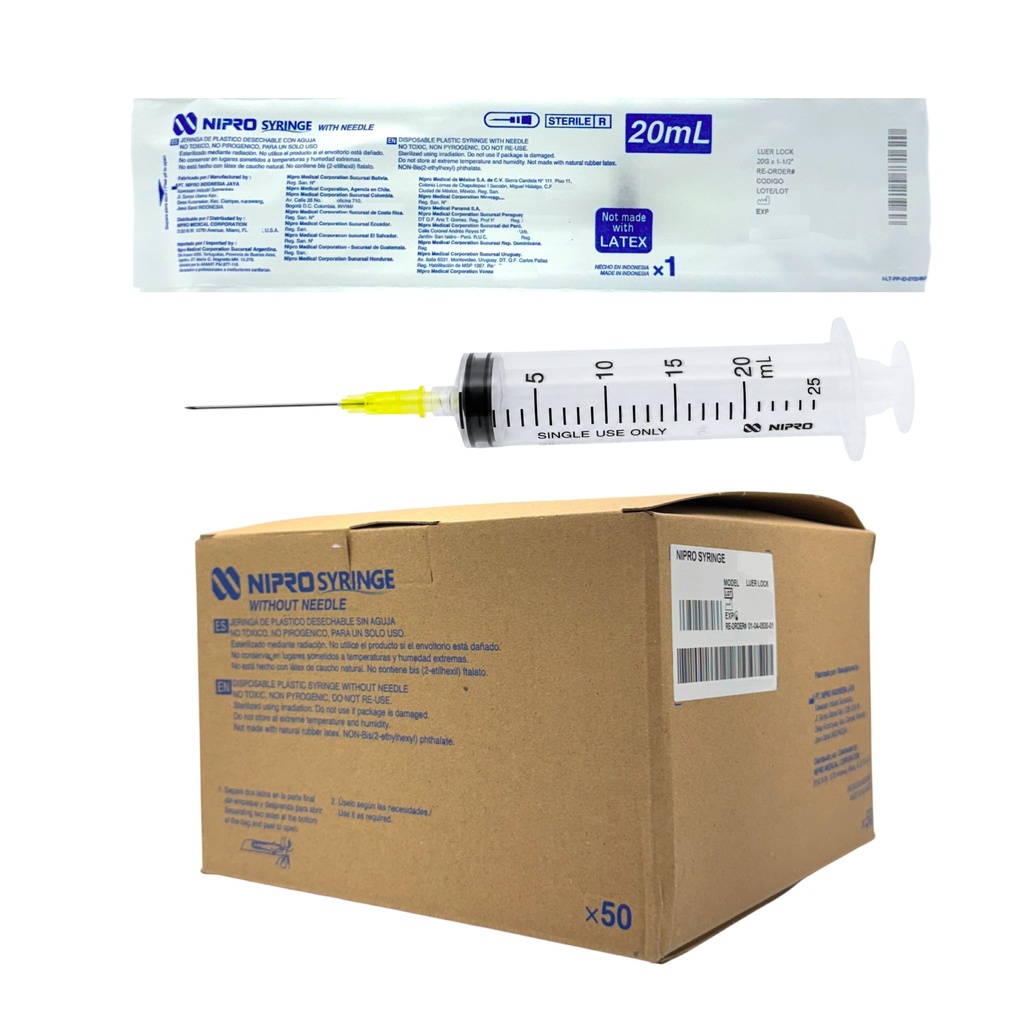 Jeringas de plástico 20 ml con aguja 20G x 38mm. Caja con 50 piezas. NIPRO