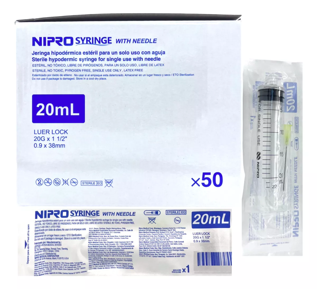 Jeringas de plástico 20 ml con aguja 20x38. Caja con 50 piezas. NIPRO